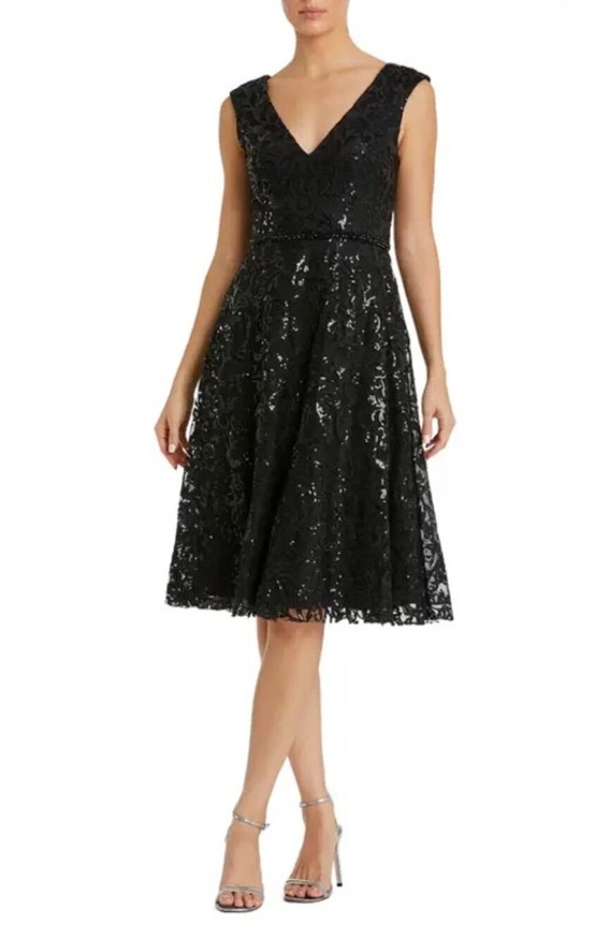 Mac Duggal Black Baroque Sequined Midi A Line Cocktail Dress 16